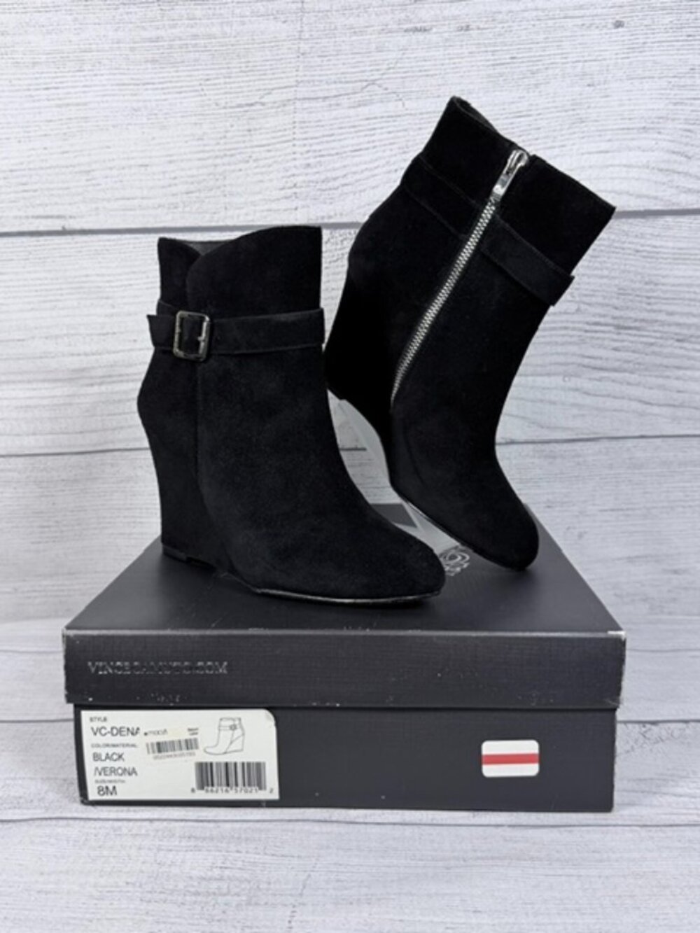 🖤 Vince Camuto Dena Black Suede Almond Toe Wedge Ankle Booties Size 8B